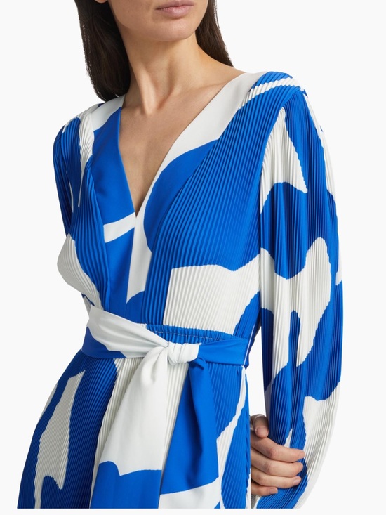 Milly Dresses & Skirts - Milly Blue and White Pleated Wrap-Front Long Sleeve Dress